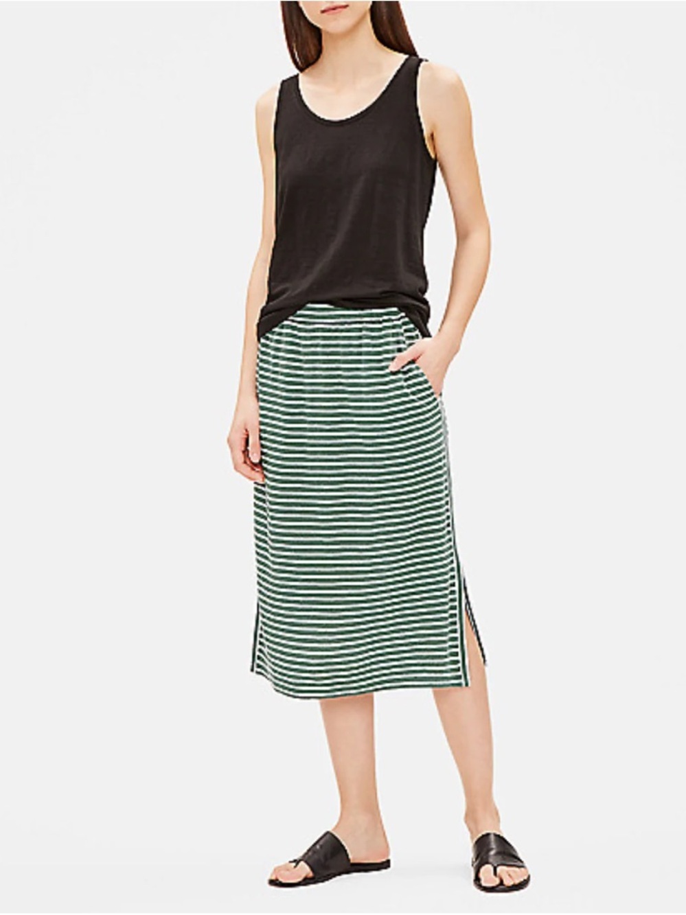Eileen Fisher Green and White Striped Skirt with Side Slit Size Small Linen